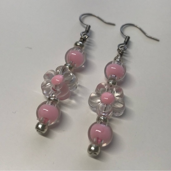 Floral Acrylic Bead Earrings Handmade - Picture 2 of 5